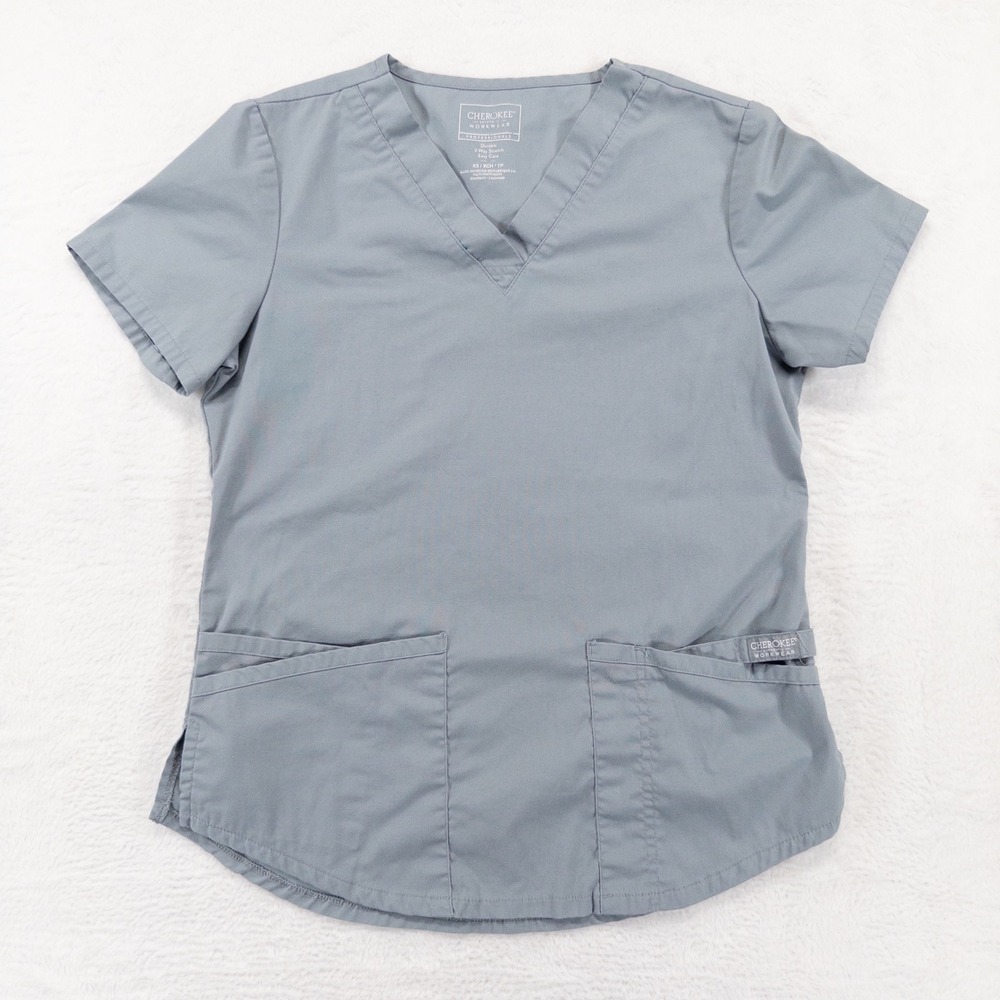 Cherokee Womens Scrub Top XS Gray Workwear Professionals V-Neck Stretch Medical